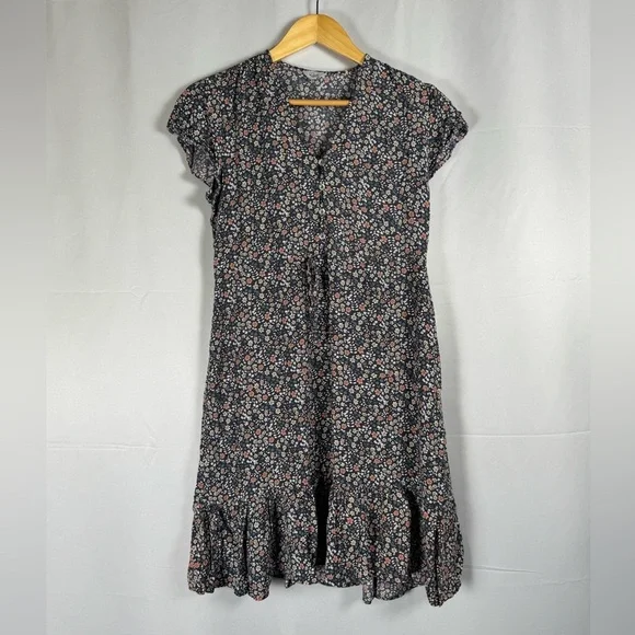 Rails Kiki Mini Dress Black Floral Tie Waist Ruffle Hem Prairie Cottagecore S - Picture 2 of 16